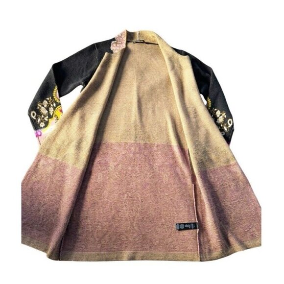 Max Sport Woman's Sz M Black Pink Gold Paisley Floral Long Duster Cardigan - Picture 9 of 11